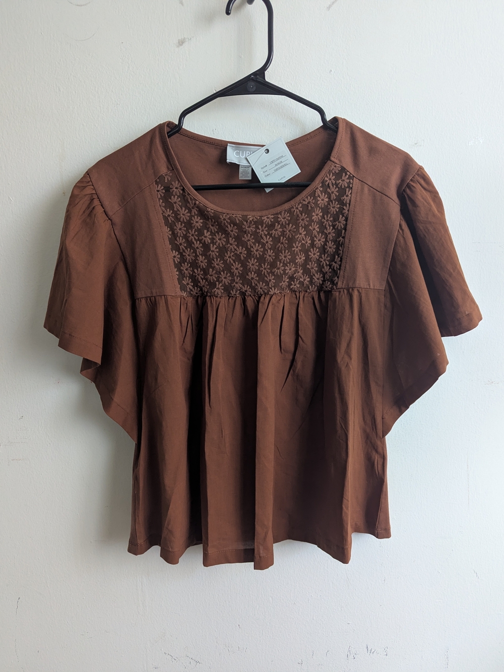 Cupio Chest-Embroidered Brown Short Sleeve Peasant Blouse